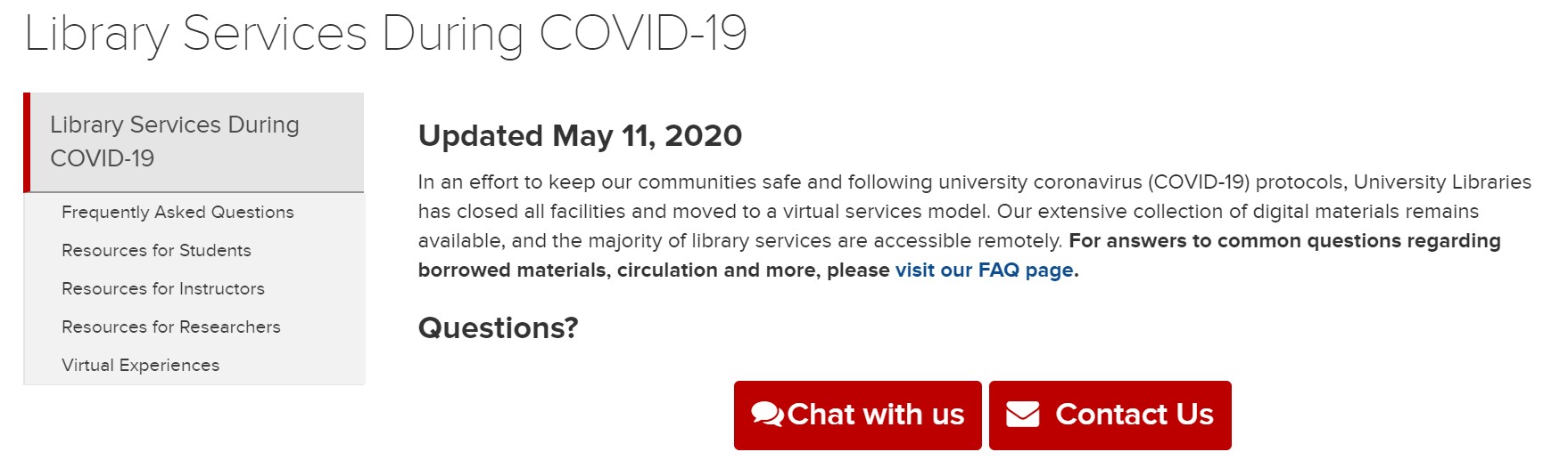 Library Services During COVID-19 Website